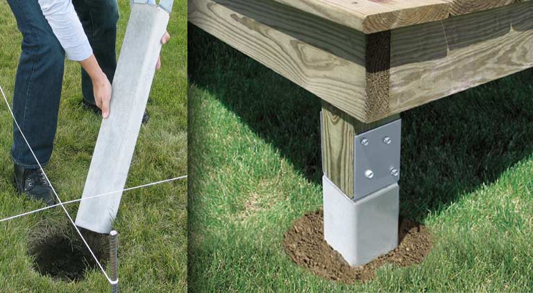 Precast concrete deck post inserted into foundation hole